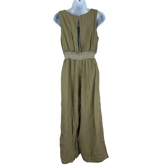 Olive Green Sleeveless Jumpsuit With Smocked Waist & Keyhole Back - Picture 3 of 5